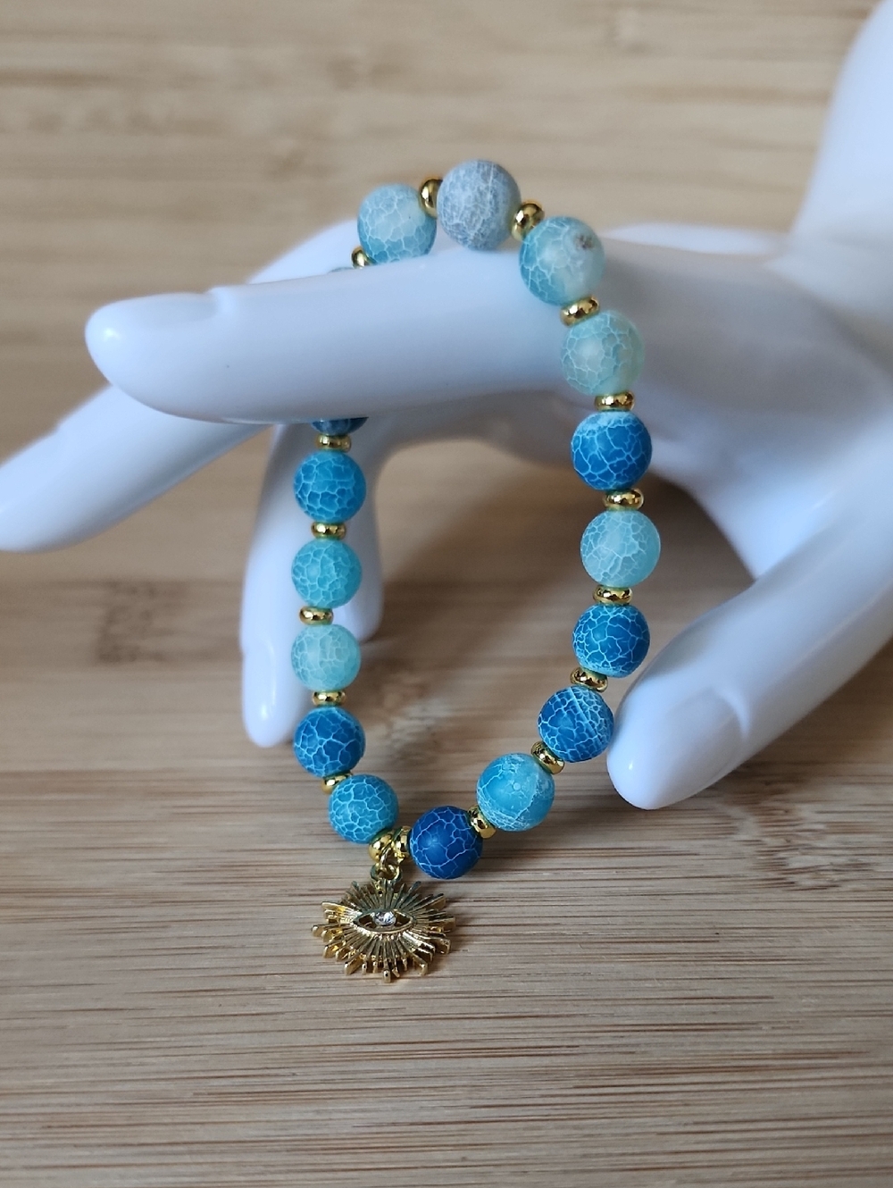 🆕️Blue Agate Beaded Bracelet with Gold Plated Sunburst Charm